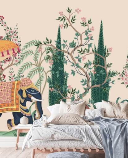 carta da parati murale colorata in stile chinoiserie chiamata Chinoiserie Elephant and Peacock per camere da letto e salotti carta da parati murale colorata in stile chinoiserie chiamata Chinoiserie Elephant and Peacock per camere da letto e salotti