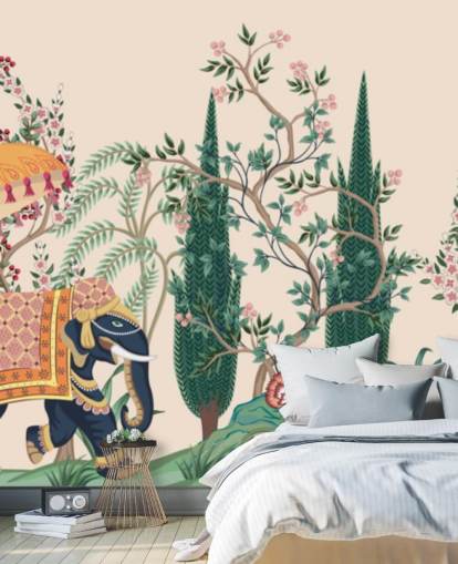 färgglada chinoiserie tapetväggmålning som heter Chinoiserie Elephant and Peacock för sovrum och vardagsrum