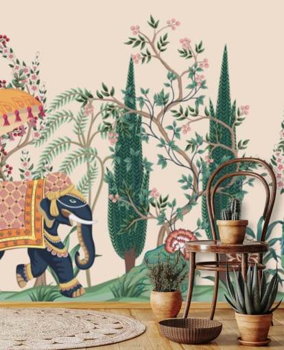 farverigt chinoiserie tapetmaleri kaldet Chinoiserie Elephant and Peacock til soveværelser og stuer