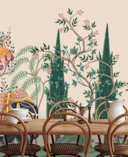 kleurrijke chinoiserie muurschildering genaamd Chinoiserie Elephant and Peacock voor slaapkamers en woonkamers