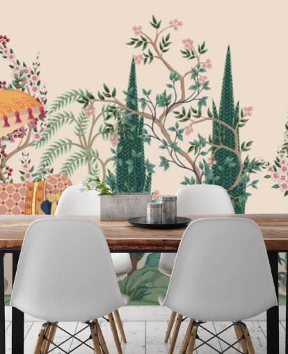 colorful chinoiserie wallpaper mural called Chinoiserie Elephant and Peacock for bedrooms and living rooms