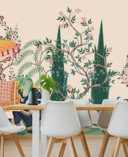 färgglada chinoiserie tapetväggmålning som heter Chinoiserie Elephant and Peacock för sovrum och vardagsrum