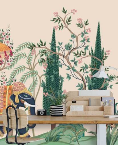 Buntes Chinoiserie-Tapetenbild namens Chinoiserie Elefant and Peacock für Schlafzimmer und Wohnzimmer