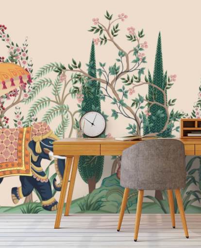 fargerikt chinoiserie tapetmaleri kalt Chinoiserie Elephant and Peacock for soverom og stuer fargerikt chinoiserie tapetmaleri kalt Chinoiserie Elephant and Peacock for soverom og stuer