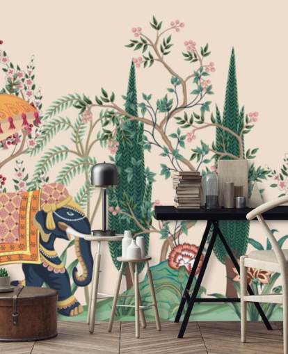 kleurrijke chinoiserie muurschildering genaamd Chinoiserie Elephant and Peacock voor slaapkamers en woonkamers