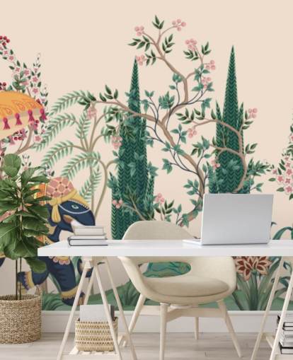 farverigt chinoiserie tapetmaleri kaldet Chinoiserie Elephant and Peacock til soveværelser og stuer