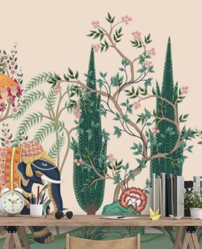 colorful chinoiserie wallpaper mural called Chinoiserie Elephant and Peacock for bedrooms and living rooms