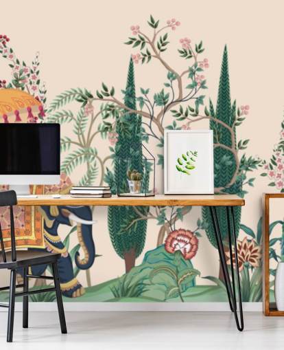 colorido mural de papel pintado de chinoiserie llamado Chinoiserie Elephant and Peacock para dormitorios y salas de estar colorido mural de papel pintado de chinoiserie llamado Chinoiserie Elephant and Peacock para dormitorios y salas de estar