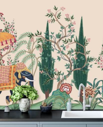 papier peint mural coloré appelé Chinoiserie Elephant and Peacock pour les chambres et les salons