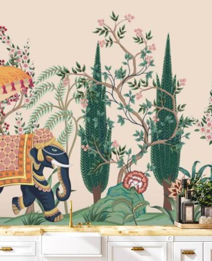 carta da parati murale colorata in stile chinoiserie chiamata Chinoiserie Elephant and Peacock per camere da letto e salotti