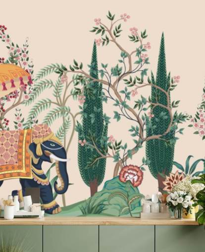 colorful chinoiserie wallpaper mural called Chinoiserie Elephant and Peacock for bedrooms and living rooms