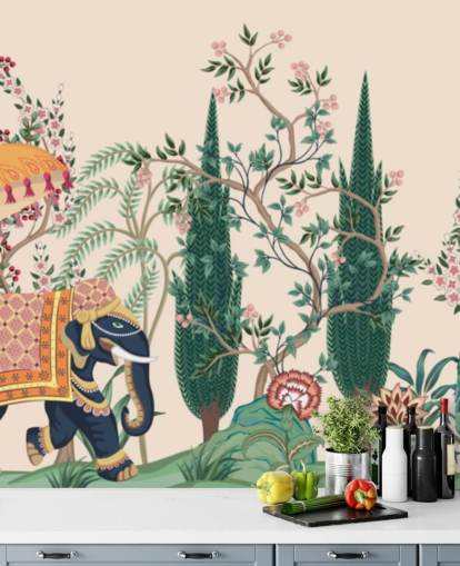 Buntes Chinoiserie-Tapetenbild namens Chinoiserie Elefant and Peacock für Schlafzimmer und Wohnzimmer