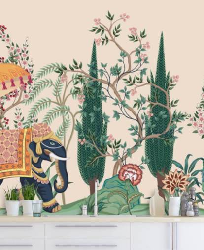 colorido mural de papel pintado de chinoiserie llamado Chinoiserie Elephant and Peacock para dormitorios y salas de estar