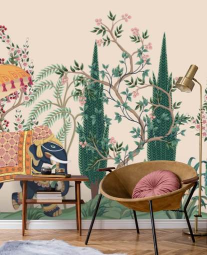 colorido mural de papel pintado de chinoiserie llamado Chinoiserie Elephant and Peacock para dormitorios y salas de estar colorido mural de papel pintado de chinoiserie llamado Chinoiserie Elephant and Peacock para dormitorios y salas de estar