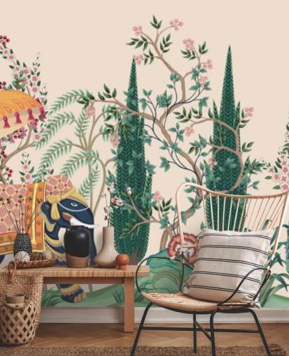 farverigt chinoiserie tapetmaleri kaldet Chinoiserie Elephant and Peacock til soveværelser og stuer farverigt chinoiserie tapetmaleri kaldet Chinoiserie Elephant and Peacock til soveværelser og stuer