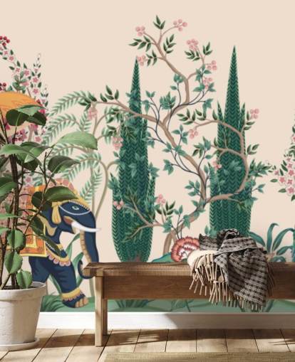 colorido mural de papel pintado de chinoiserie llamado Chinoiserie Elephant and Peacock para dormitorios y salas de estar colorido mural de papel pintado de chinoiserie llamado Chinoiserie Elephant and Peacock para dormitorios y salas de estar