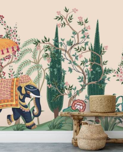 colorful chinoiserie wallpaper mural called Chinoiserie Elephant and Peacock for bedrooms and living rooms