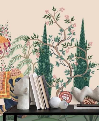 colourful chinoiserie wallpaper mural called Chinoiserie Elephant and Peacock for bedrooms and living rooms