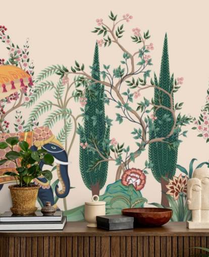 papier peint mural coloré appelé Chinoiserie Elephant and Peacock pour les chambres et les salons