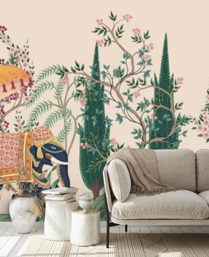 kleurrijke chinoiserie muurschildering genaamd Chinoiserie Elephant and Peacock voor slaapkamers en woonkamers