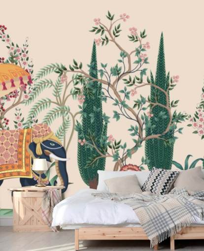 colorful chinoiserie wallpaper mural called Chinoiserie Elephant and Peacock for bedrooms and living rooms