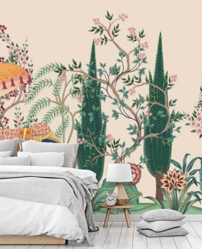 colorful chinoiserie wallpaper mural called Chinoiserie Elephant and Peacock for bedrooms and living rooms