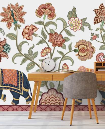 white and brown chinoiserie wallpaper mural called Walking Indian Elephants for bedrooms, living rooms and dining rooms white and brown chinoiserie wallpaper mural called Walking Indian Elephants for bedrooms, living rooms and dining rooms