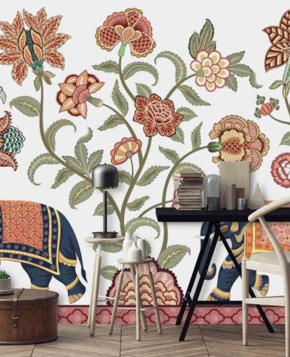 white and brown chinoiserie wallpaper mural called Walking Indian Elephants for bedrooms, living rooms and dining rooms