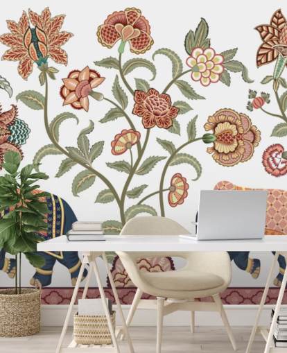 papier peint mural en forme de chinoiserie blanche et marron appelé Walking Indian Elephants pour les chambres à coucher, les salons et les salles à manger