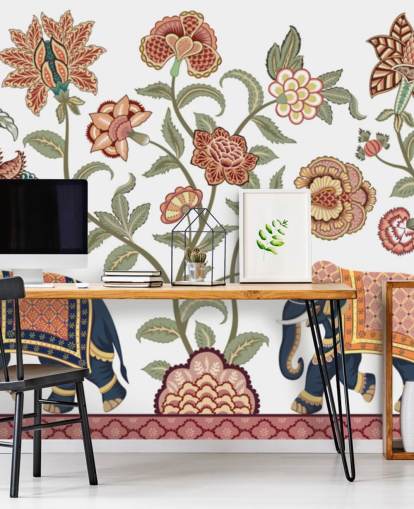 weiße und braune Chinoiserie-Tapete namens Walking Indian Elephants für Schlafzimmer, Wohn- und Esszimmer weiße und braune Chinoiserie-Tapete namens Walking Indian Elephants für Schlafzimmer, Wohn- und Esszimmer