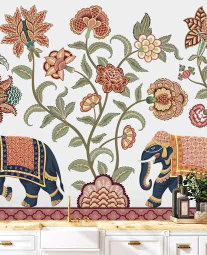 white and brown chinoiserie wallpaper mural called Walking Indian Elephants for bedrooms, living rooms and dining rooms