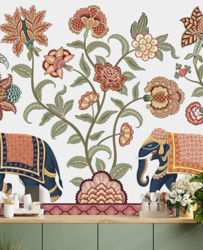 mural de papel pintado de chinoiserie blanco y marrón llamado Walking Indian Elephants para dormitorios, salas de estar y comedores