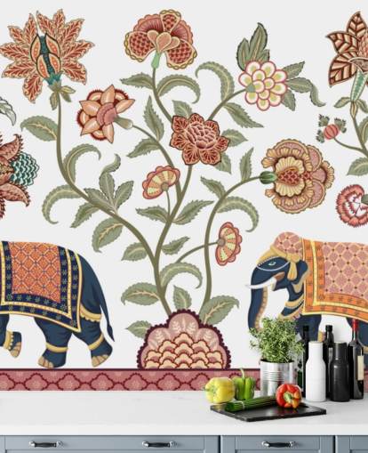 papier peint mural en forme de chinoiserie blanche et marron appelé Walking Indian Elephants pour les chambres à coucher, les salons et les salles à manger papier peint mural en forme de chinoiserie blanche et marron appelé Walking Indian Elephants pour les chambres à coucher, les salons et les salles à manger