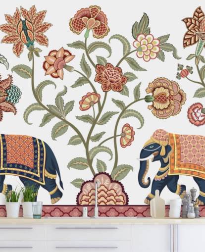 white and brown chinoiserie wallpaper mural called Walking Indian Elephants for bedrooms, living rooms and dining rooms white and brown chinoiserie wallpaper mural called Walking Indian Elephants for bedrooms, living rooms and dining rooms