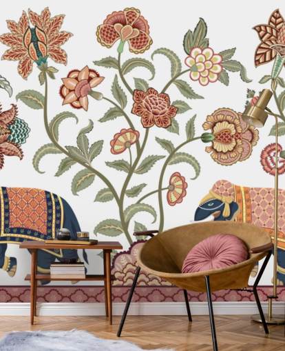 witte en bruine chinoiserie behangmuurschildering genaamd Walking Indian Elephants voor slaapkamers, woonkamers en eetkamers witte en bruine chinoiserie behangmuurschildering genaamd Walking Indian Elephants voor slaapkamers, woonkamers en eetkamers