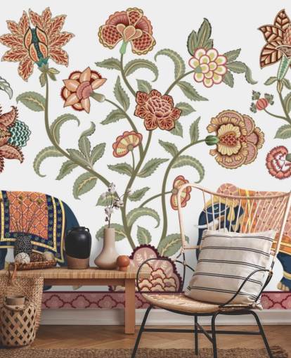 witte en bruine chinoiserie behangmuurschildering genaamd Walking Indian Elephants voor slaapkamers, woonkamers en eetkamers witte en bruine chinoiserie behangmuurschildering genaamd Walking Indian Elephants voor slaapkamers, woonkamers en eetkamers