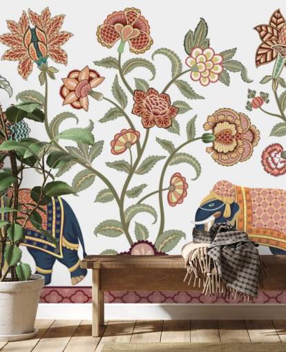 weiße und braune Chinoiserie-Tapete namens Walking Indian Elephants für Schlafzimmer, Wohn- und Esszimmer