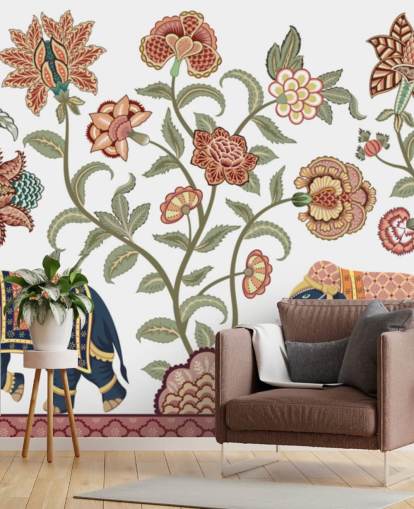 white and brown chinoiserie wallpaper mural called Walking Indian Elephants for bedrooms, living rooms and dining rooms