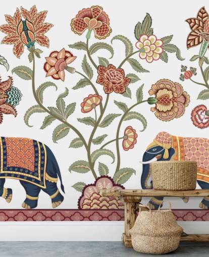 white and brown chinoiserie wallpaper mural called Walking Indian Elephants for bedrooms, living rooms and dining rooms white and brown chinoiserie wallpaper mural called Walking Indian Elephants for bedrooms, living rooms and dining rooms