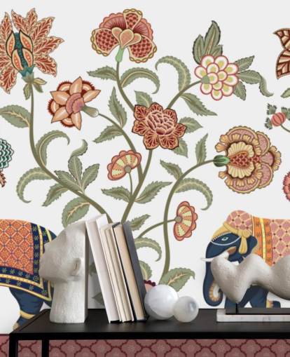 white and brown chinoiserie wallpaper mural called Walking Indian Elephants for bedrooms, living rooms and dining rooms white and brown chinoiserie wallpaper mural called Walking Indian Elephants for bedrooms, living rooms and dining rooms