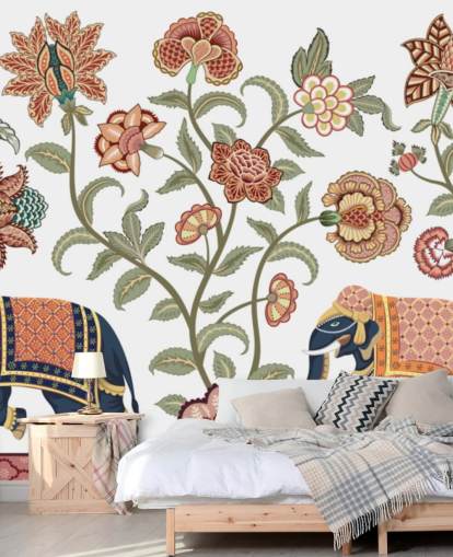 hvitt og brunt chinoiserie tapetmaleri kalt Walking Indian Elephants for soverom, stuer og spiserom hvitt og brunt chinoiserie tapetmaleri kalt Walking Indian Elephants for soverom, stuer og spiserom