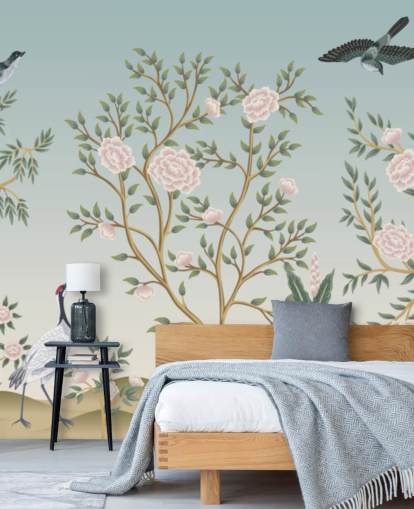 mural de papel pintado de chinoiserie azul llamado Blue Chinoiserie Bird Sanctuary para dormitorios y salas de estar mural de papel pintado de chinoiserie azul llamado Blue Chinoiserie Bird Sanctuary para dormitorios y salas de estar