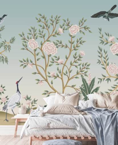 sininen chinoiserie-taustakuvamaalaus nimeltä Blue Chinoiserie Bird Sanctuary makuuhuoneisiin ja olohuoneisiin