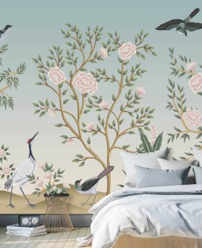 mural de papel de parede chinoiserie azul chamado Blue Chinoiserie Bird Sanctuary para quartos e salas de estar mural de papel de parede chinoiserie azul chamado Blue Chinoiserie Bird Sanctuary para quartos e salas de estar