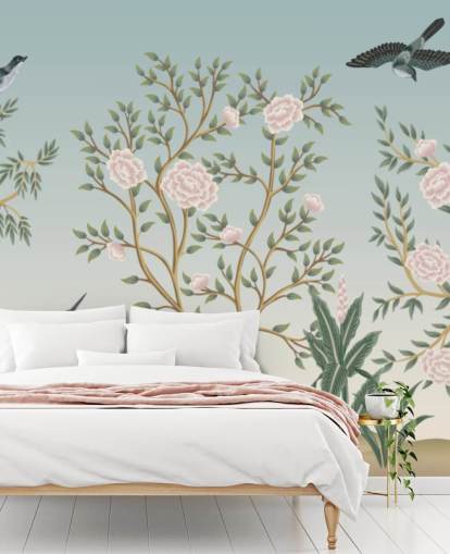 blå chinoiserie tapetmaleri kaldet Blue Chinoiserie Bird Sanctuary til soveværelser og stuer blå chinoiserie tapetmaleri kaldet Blue Chinoiserie Bird Sanctuary til soveværelser og stuer
