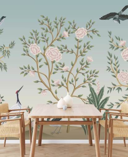carta da parati murale blu chinoiserie chiamata Blue Chinoiserie Bird Sanctuary per camere da letto e salotti