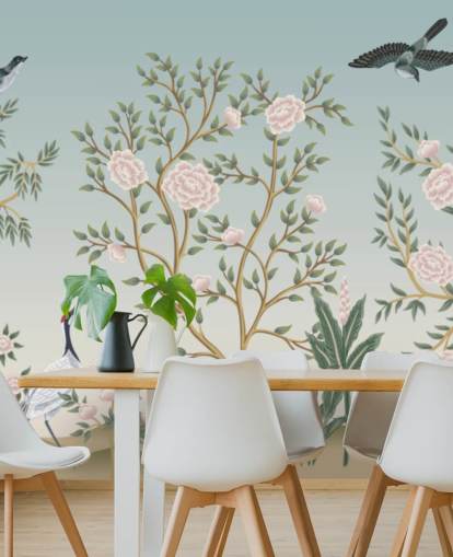 blå chinoiserie tapetväggmålning kallad Blue Chinoiserie Bird Sanctuary för sovrum och vardagsrum