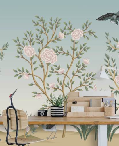 blå chinoiserie tapetväggmålning kallad Blue Chinoiserie Bird Sanctuary för sovrum och vardagsrum