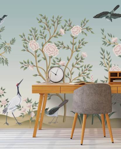 papier peint mural de chinoiserie bleue appelé Blue Chinoiserie Bird Sanctuary pour les chambres et les salons