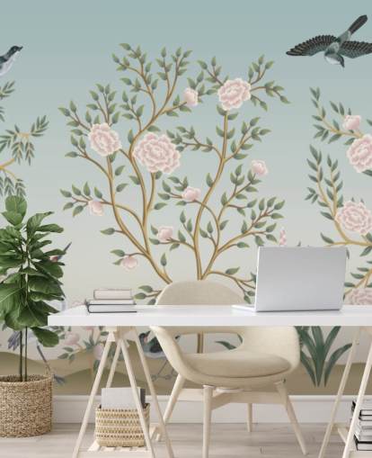 blaues Chinoiserie-Tapetenbild namens Blue Chinoiserie Bird Sanctuary für Schlafzimmer und Wohnzimmer